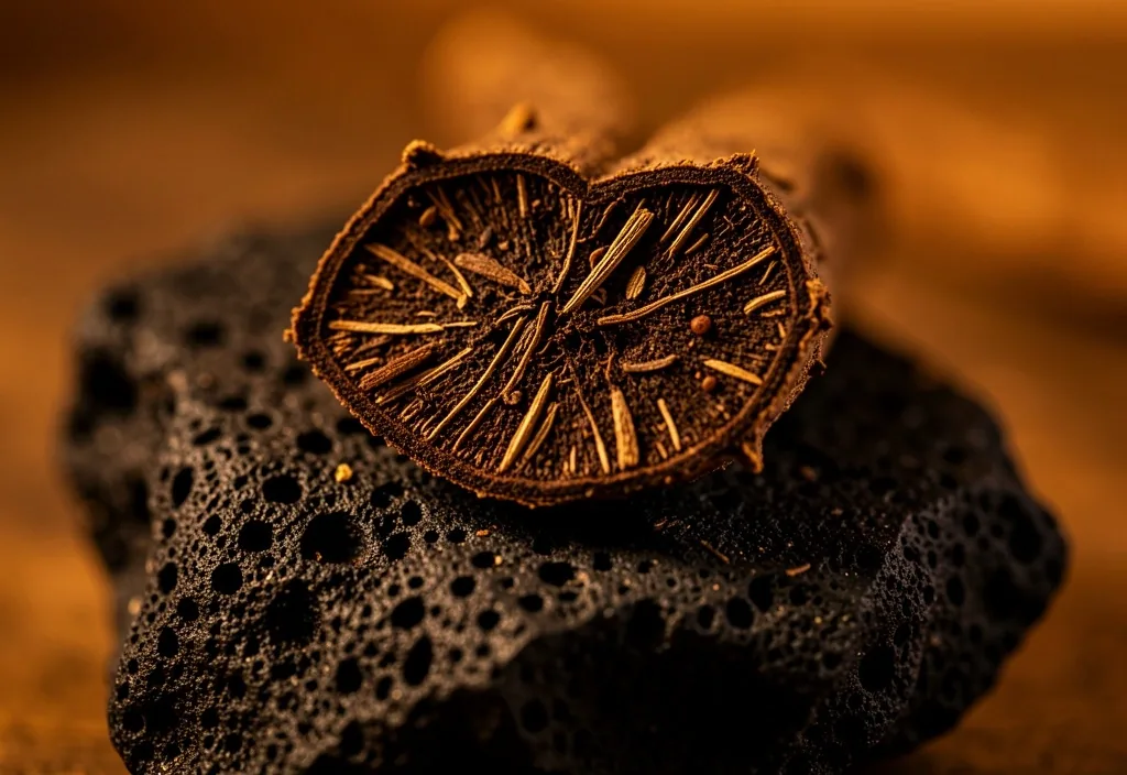 Close-up of a natural botanical root used in men's wellness supplements