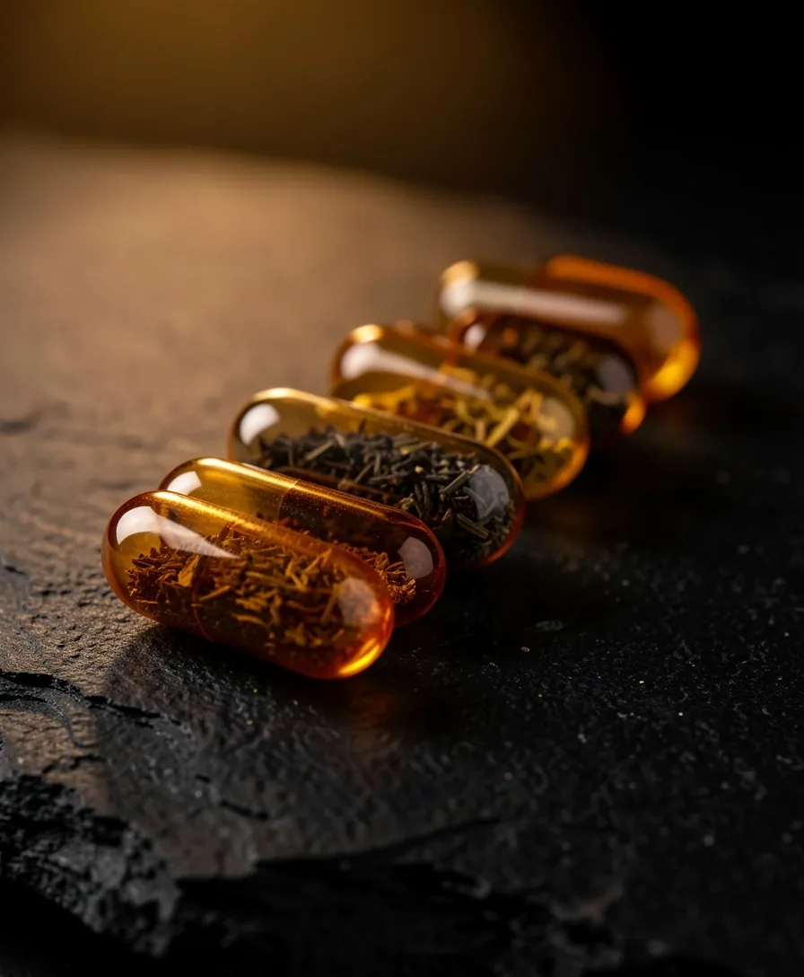 Natural supplement capsules photographed on a dark surface