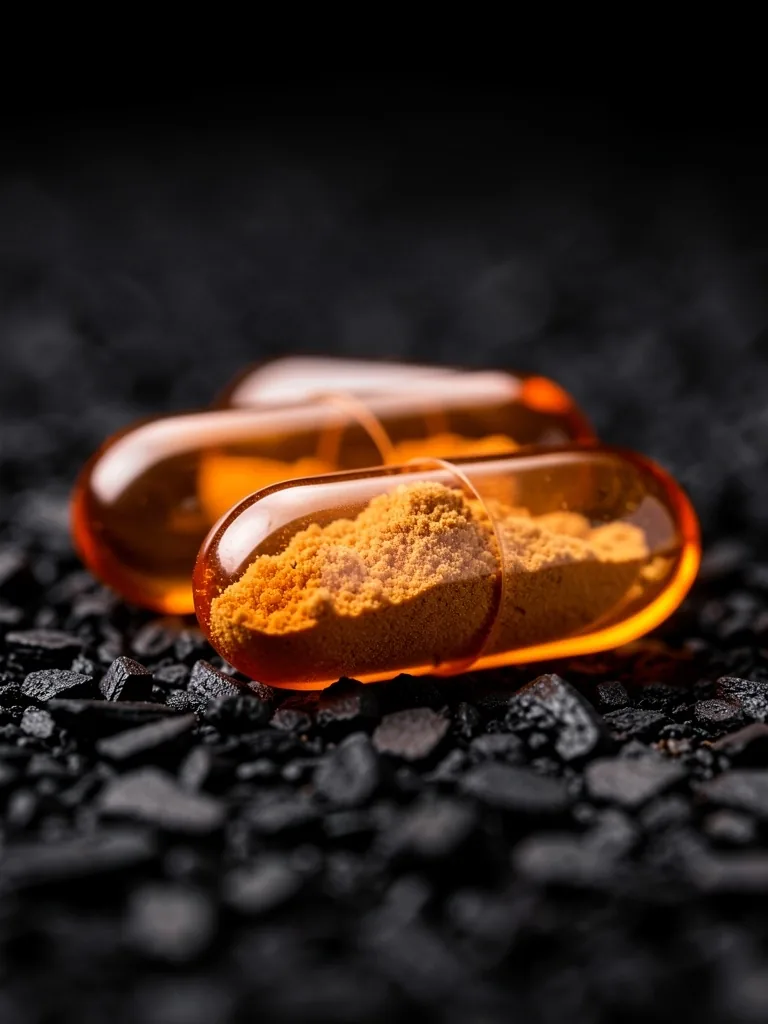 Amber supplement capsules on dark surface