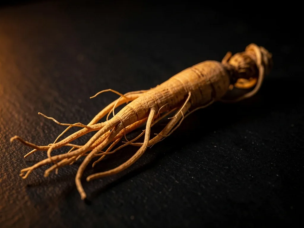 Dried ginseng root on dark surface