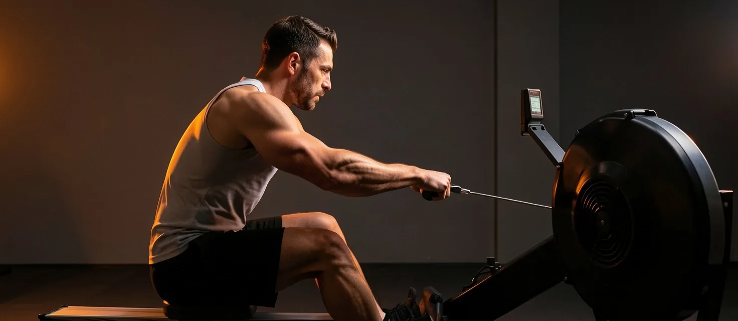 Man running on treadmill in dark gym