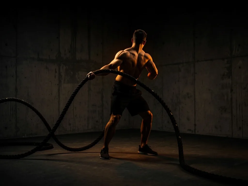 Man training in low-light studio environment