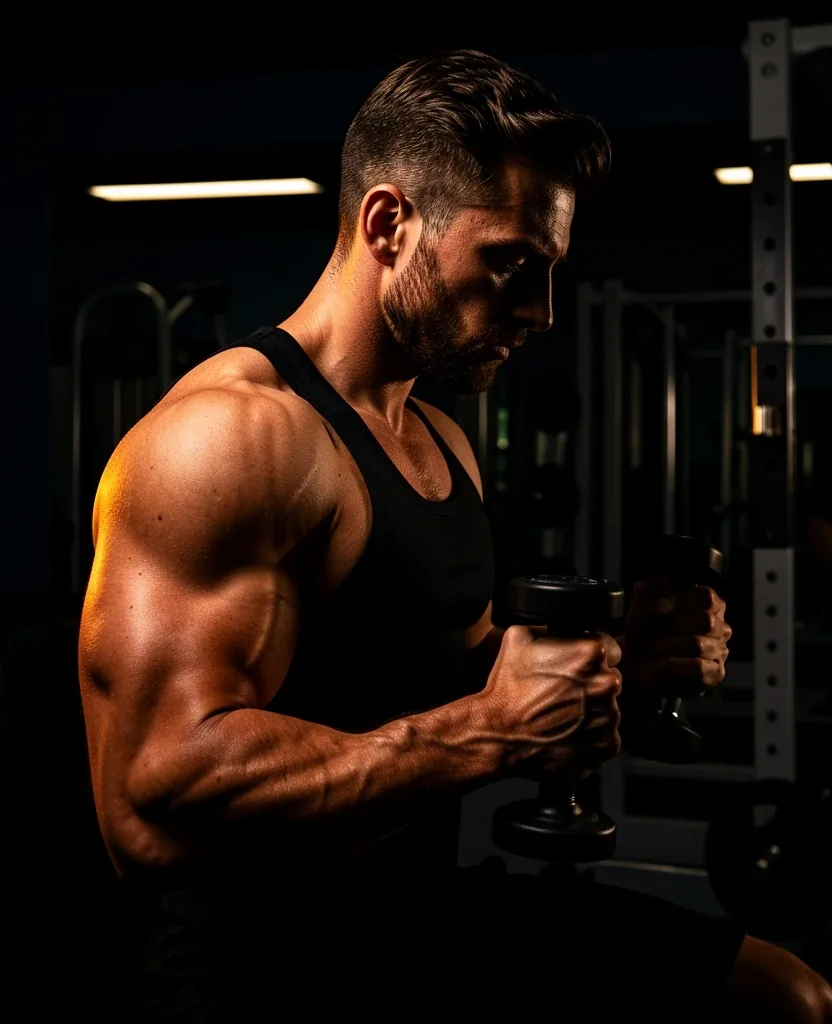 Athletic man training in low-light environment