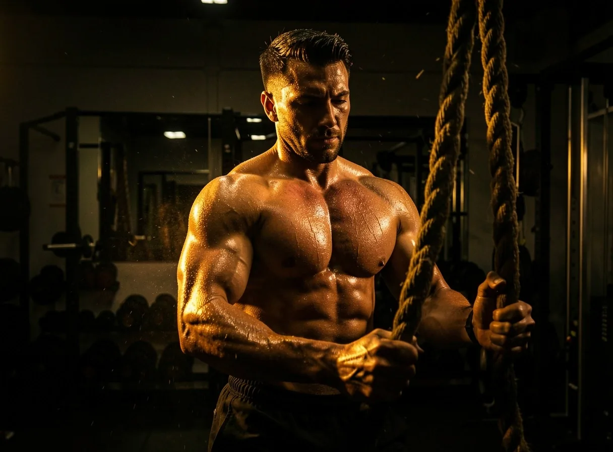 Man training in a low-light athletic environment