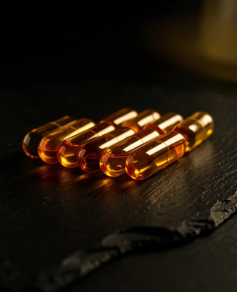 Natural supplement capsules on a dark surface
