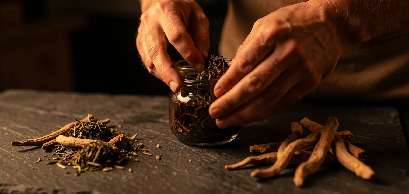Adaptogenic herbs and roots on a dark surface