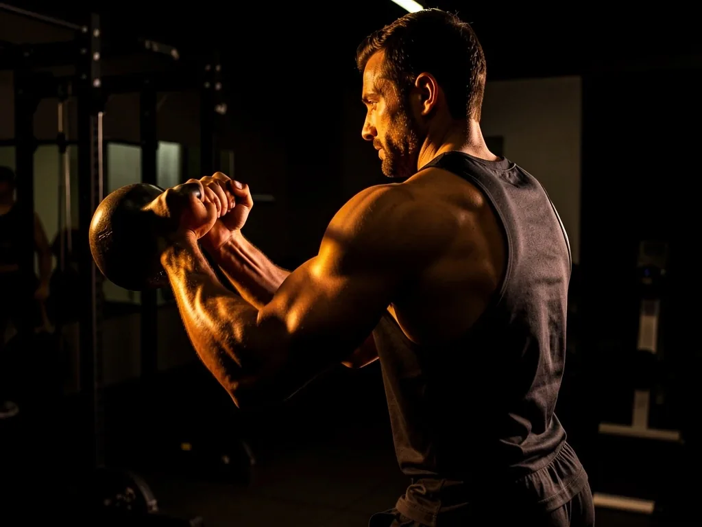 Man training with kettlebell in a dark gym setting