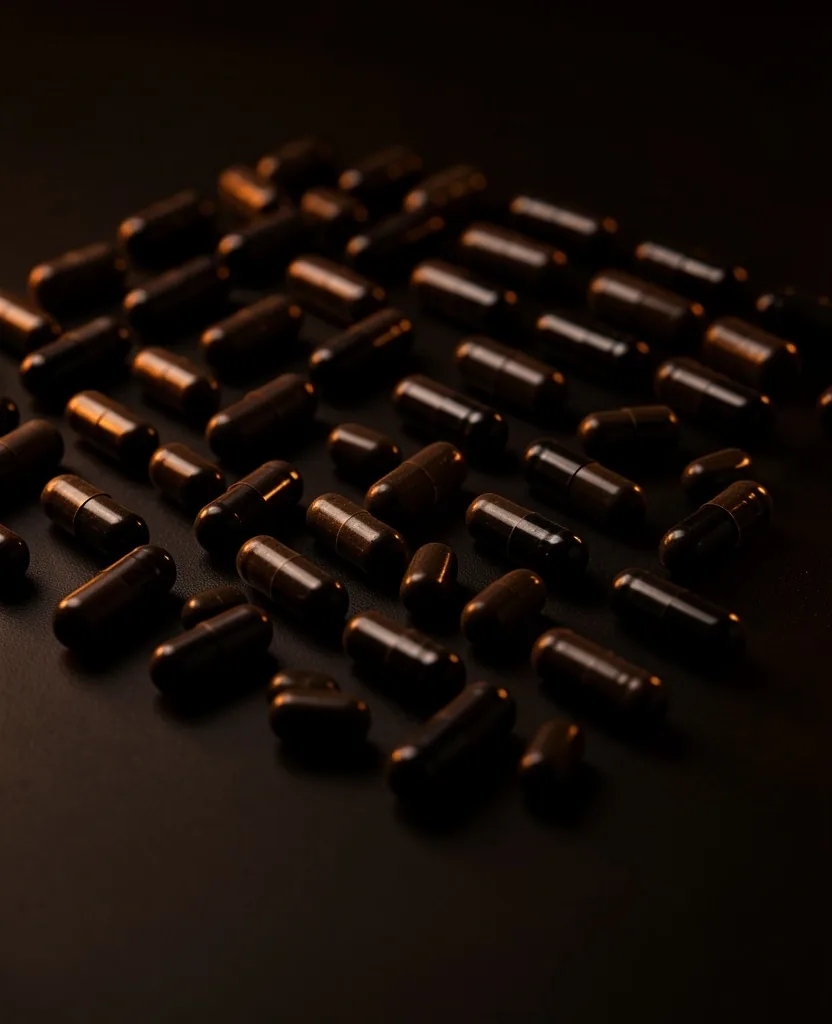 Natural supplement capsules arranged on a dark surface